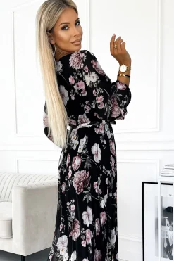 Plisowana sukienka maxi z wiązaniem w pasie - czarna w różowe kwiaty