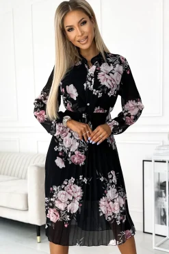 Plisowana sukienka midi z długim rękawem - róże na czarnym tle