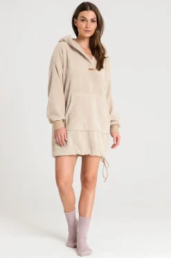 Pluszowa bluza oversize z kieszenią kangurek - cappuccino