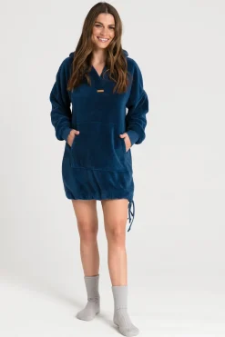 Pluszowa bluza oversize z kieszenią kangurek - granatowa