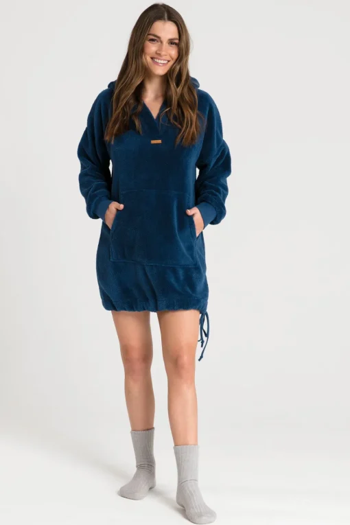 Pluszowa bluza oversize z kieszenią kangurek - granatowa