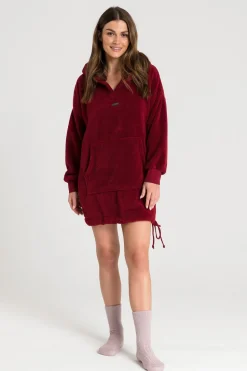 Pluszowa bluza oversize z kieszenią kangurek - bordowa