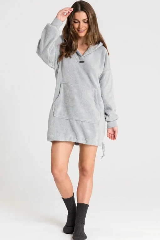 Pluszowa bluza oversize z kieszenią kangurek - popielata