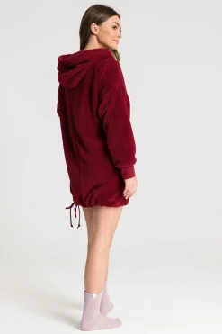 Pluszowa bluza oversize z kieszenią kangurek - bordowa