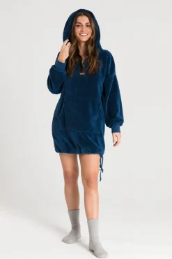 Pluszowa bluza oversize z kieszenią kangurek - granatowa