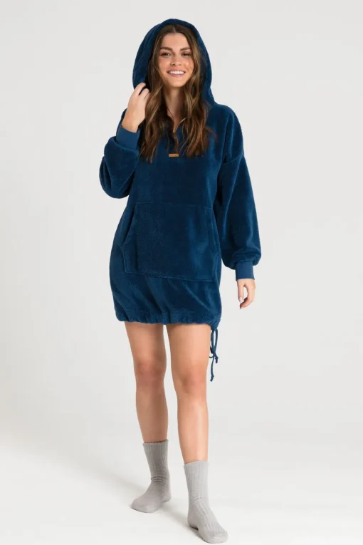 Pluszowa bluza oversize z kieszenią kangurek - granatowa