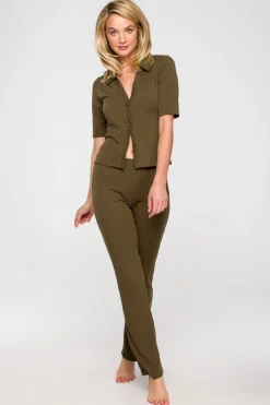 Prążkowane spodnie z poszerzanymi nogawkami - khaki