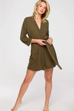 Prążkowany szlafrok z paskiem - khaki