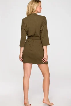 Prążkowany szlafrok z paskiem - khaki
