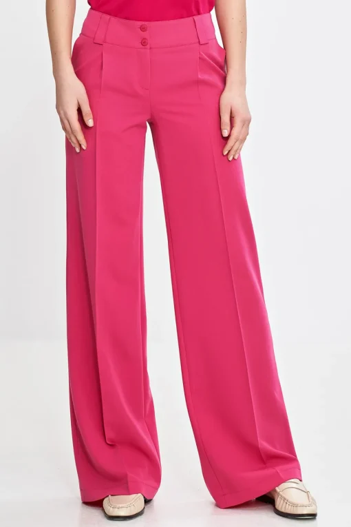 Spodnie damskie z nogawką typu wide leg - różowe