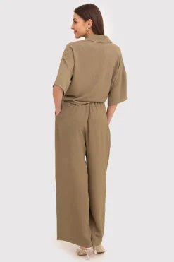Spodnie damskie z szerokimi nogawkami - khaki