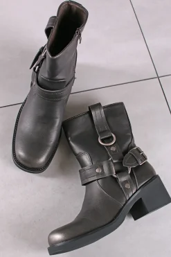 Srebrne buty do kostek na grubym niskim obcasie Abelia - ciemno-srebrne