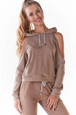 Stylowa bluza z wycięciami na ramionach - beżowa