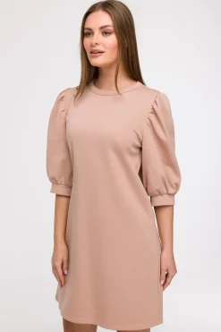 Sukienka dresowa z bufiastymi rękawami - mocca