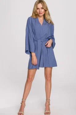 Sukienka kimono z paskiem - niebieska