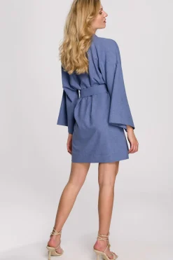 Sukienka kimono z paskiem - niebieska