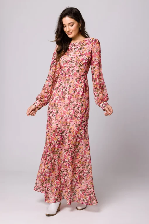 Sukienka maxi w kwiaty z odkrytymi plecami - model 1