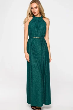 Sukienka maxi z dekoltem typu halter - szmaragdowa