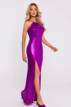 Sukienka maxi z wysokim rozcięciem - purpurowa
