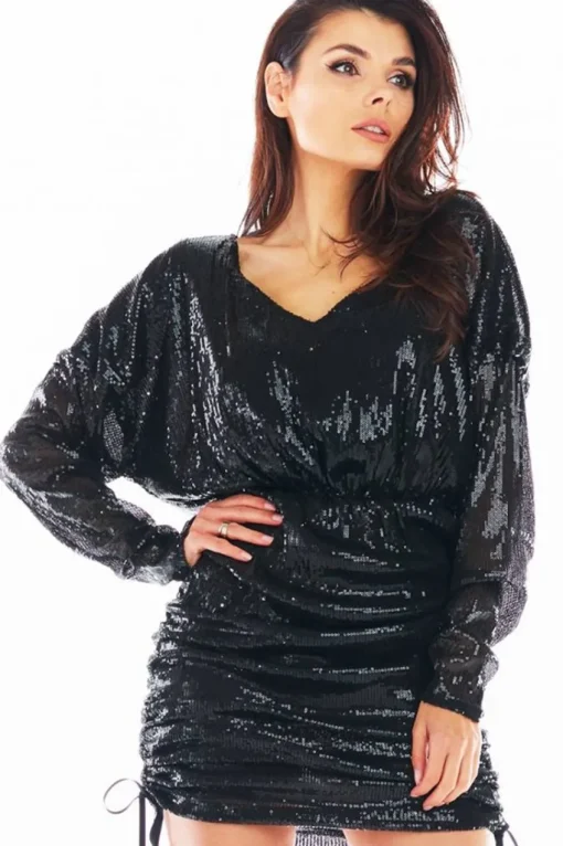 Sukienka mini z rękawem kimono - czarna-cekiny