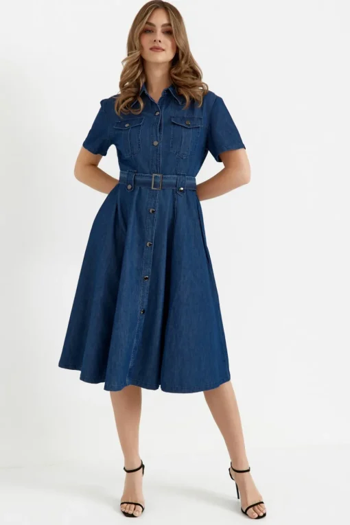 Sukienka rozkloszowana midi - denim