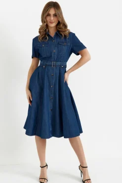 Sukienka rozkloszowana midi - denim