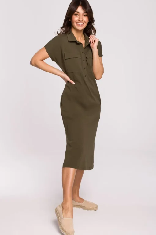 Sukienka safari z kołnierzykiem i kieszeniami na przodzie - khaki