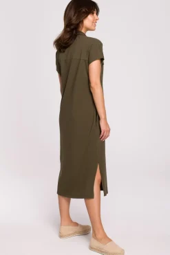Sukienka safari z kołnierzykiem i kieszeniami na przodzie - khaki