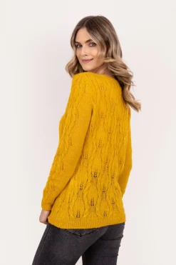 Sweter ażurowy w warkocze – żółty
