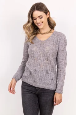 Sweter ażurowy w warkocze – szary