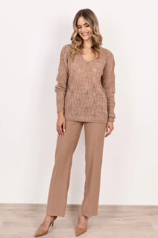 Sweter ażurowy w warkocze – mocca
