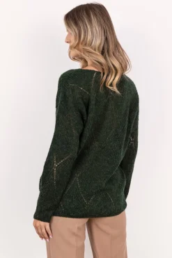 Sweter ażurowy z dekoltem w serek – zielony