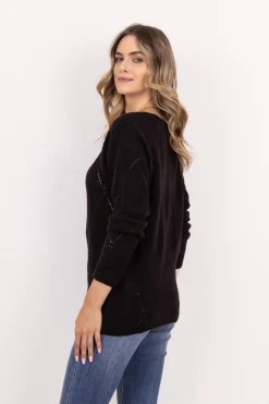 Sweter ażurowy z dekoltem w serek - czarny