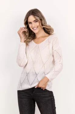 Sweter ażurowy z dekoltem w serek – ecru