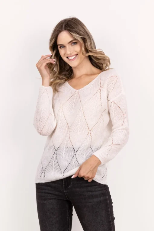Sweter ażurowy z dekoltem w serek – ecru