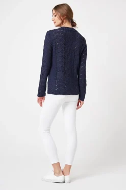 Sweter ażurowy z długim rękawem - jeansowy
