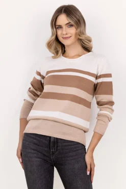 Sweter damski w paski - beżowy