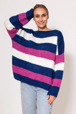 Sweter oversize w paski - kobaltowo-różowy
