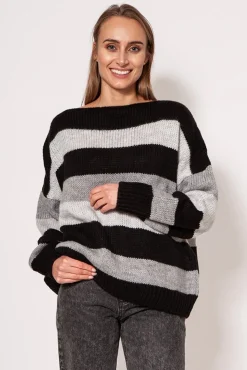 Sweter oversize w paski - czarno-szary