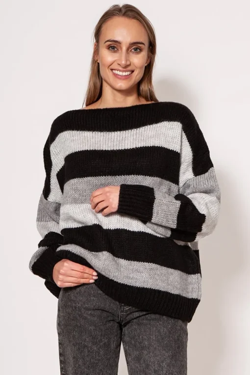 Sweter oversize w paski - czarno-szary