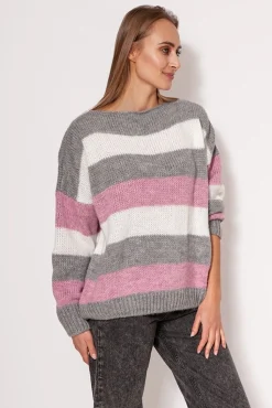 Sweter oversize w paski - różowo-szary