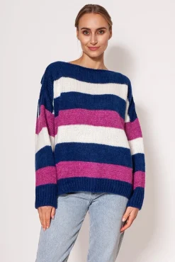 Sweter oversize w paski - kobaltowo-różowy
