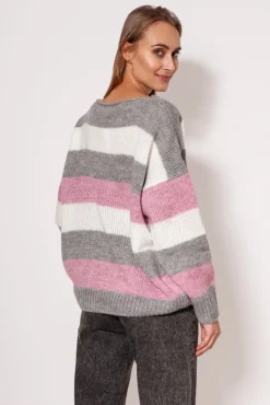 Sweter oversize w paski - różowo-szary