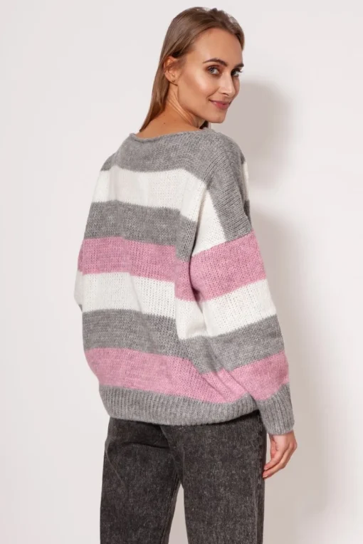 Sweter oversize w paski - różowo-szary