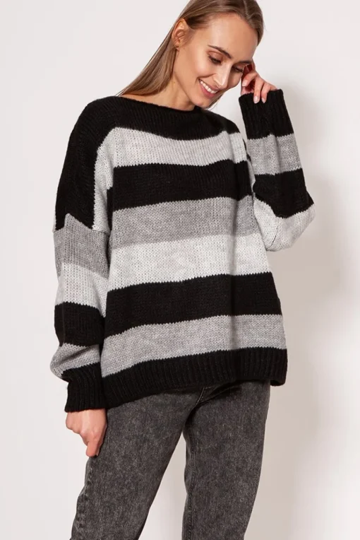 Sweter oversize w paski - czarno-szary