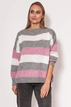 Sweter oversize w paski - różowo-szary