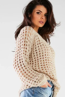 Sweter oversize z luźnymi rękawami - beżowy