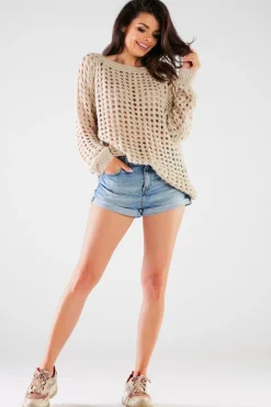 Sweter oversize z luźnymi rękawami - beżowy