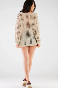 Sweter oversize z luźnymi rękawami - beżowy