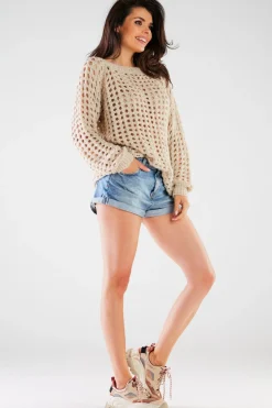Sweter oversize z luźnymi rękawami - beżowy